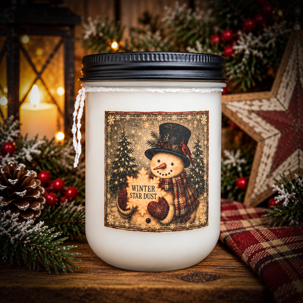 Winter Star Dust Frosted Farmhouse Jar cande in frosted white jar with snowman label