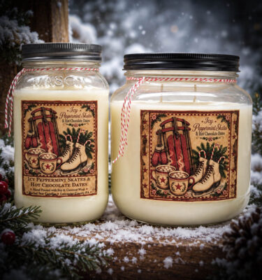 24 oz and 64 oz Iced Peppermint Skates & Hot Chocolate Dates soy candles displayed together with snowy evergreens and Christmas decorations.