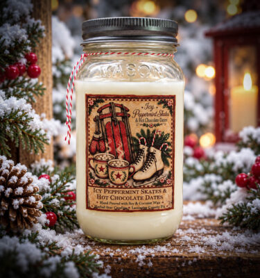 24 oz Iced Peppermint Skates & Hot Chocolate Dates Mason jar candle with vintage winter label, snowy greenery and warm Christmas lights.
