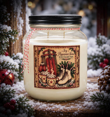 64 oz Iced Peppermint Skates & Hot Chocolate Dates two-wick soy candle in a half-gallon jar with snowy evergreens and rustic Christmas decorations.