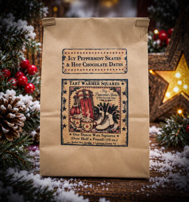 Iced Peppermint Skates & Hot Chocolate Dates 10 oz bag of 12 wax tart squares with vintage label, snowy pine branches and glowing wooden star.