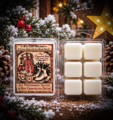 Iced Peppermint Skates & Hot Chocolate Dates mini wax melts showing vintage label and six breakaway soy wax squares against a snowy Christmas background.