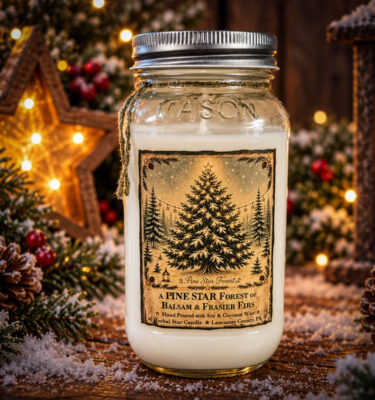 Herbal Star Candles Pine Star Forest 24 oz soy-coconut wax jar candle with a rustic Christmas tree label, featuring the fresh, woodsy fragrance of balsam and Fraser firs.