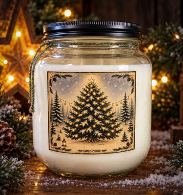 Herbal Star Candles Pine Star Forest 64 oz two-wick soy-coconut wax jar candle with a rustic Christmas tree label, featuring the fresh, woodsy scent of balsam and Fraser firs.