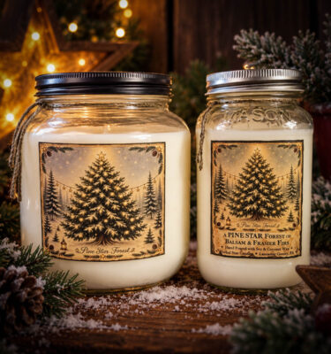 Herbal Star Candles Pine Star Forest 24 oz and 64 oz soy-coconut wax jar candles, featuring the fresh, woodsy Christmas scent of pine, balsam and Fraser firs.