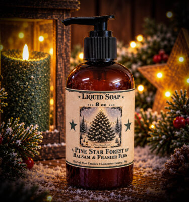 Herbal Star Candles Pine Star Forest 8 oz Liquid Soap with a rustic Christmas tree label, featuring the fresh, woodsy fragrance of balsam and Fraser firs.