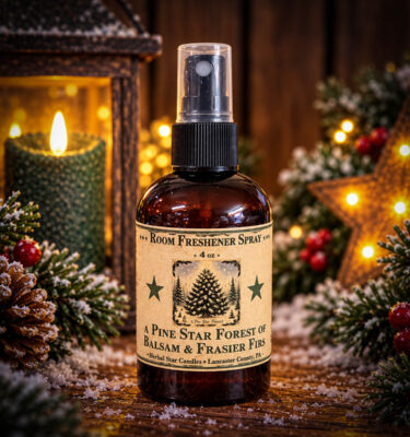 Herbal Star Candles Pine Star Forest 4 oz Room Spray with a rustic Christmas tree label, featuring the fresh woodsy scent of balsam and Fraser firs.