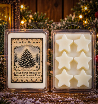 Herbal Star Candles Pine Star Forest 4 oz Star Tart wax melts with a rustic Christmas tree label, featuring the fresh, woodsy fragrance of balsam and Fraser firs.