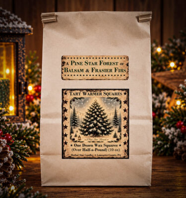 Herbal Star Candles Pine Star Forest 10 oz Bag of 12 Wax Tarts with a rustic Christmas tree label, featuring the fresh, woodsy fragrance of balsam and Fraser firs.