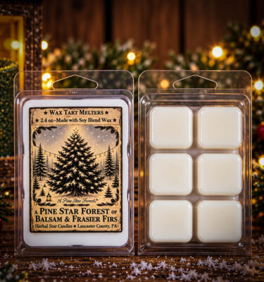 Herbal Star Candles Pine Star Forest 2.4 oz Mini Wax Tart Pack with 6 wax melt cubes and a rustic Christmas tree label, featuring the fresh, woodsy fragrance of balsam and Fraser firs.