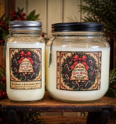 Herbal Star Candles Bayberry & Rose-Merry Mint 24 oz mason jar and 64 oz two-wick soy candles, featuring festive Christmas wreath labels and rustic holiday greenery.